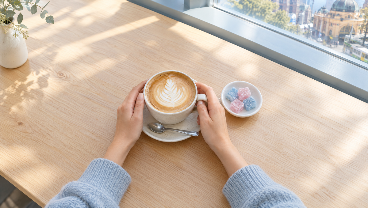 Flat white coffee with a small dish of gummies on a cafe bench