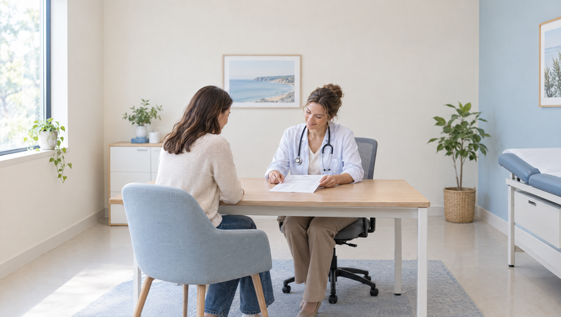 Woman and her GP looking at a blood test report together