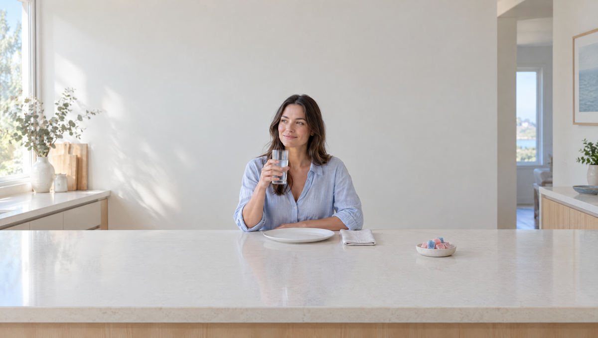 Woman drinking water at a kitchen bench while fasting, creatine gummies set aside