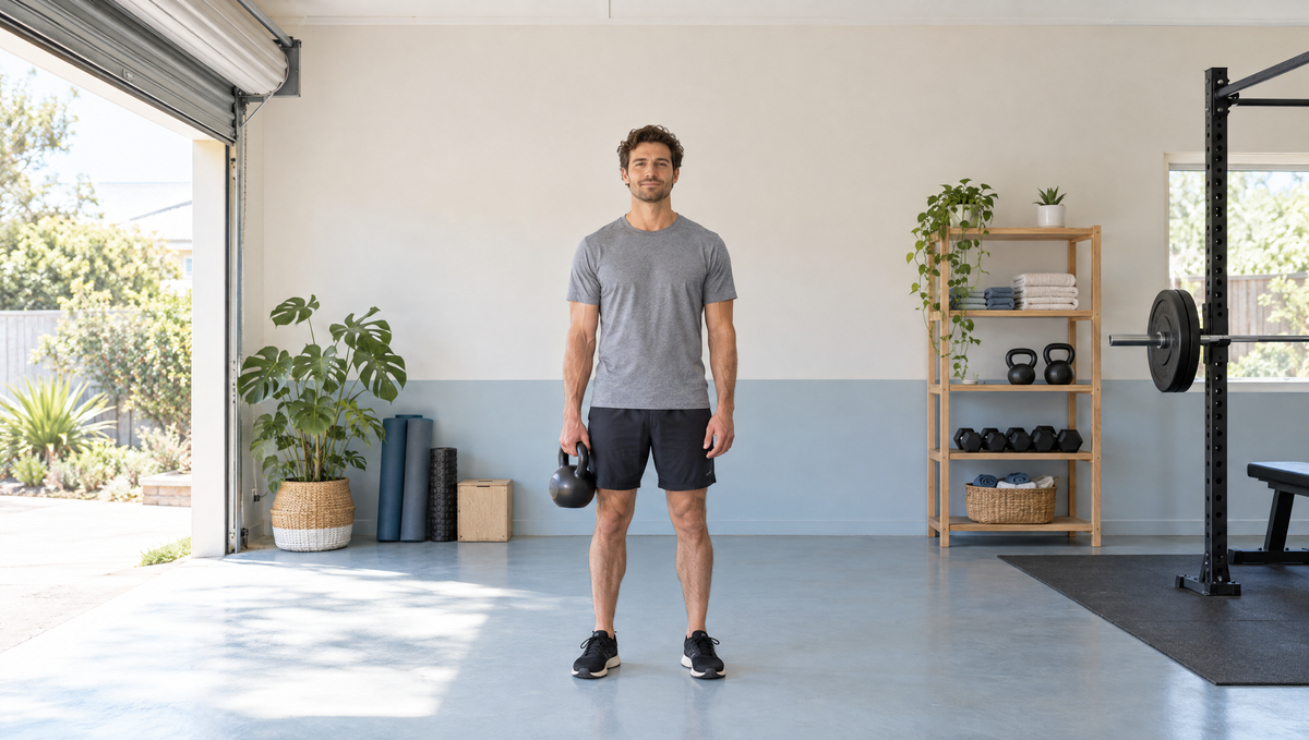 Man holding a kettlebell in a bright home garage gym