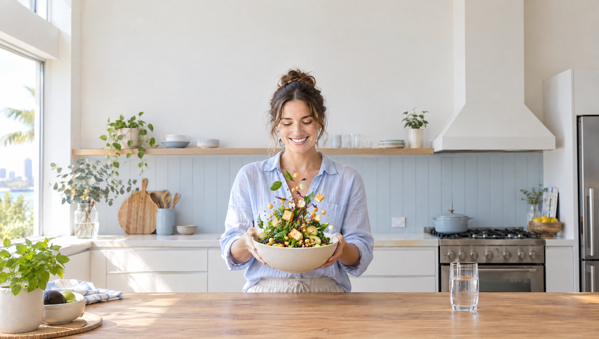 Woman holding a plant-based bowl with tofu and chickpeas in a bright kitchen