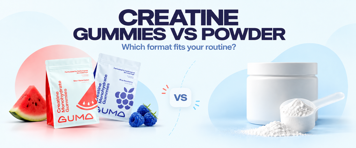 Creatine gummies and creatine powder side by side.
