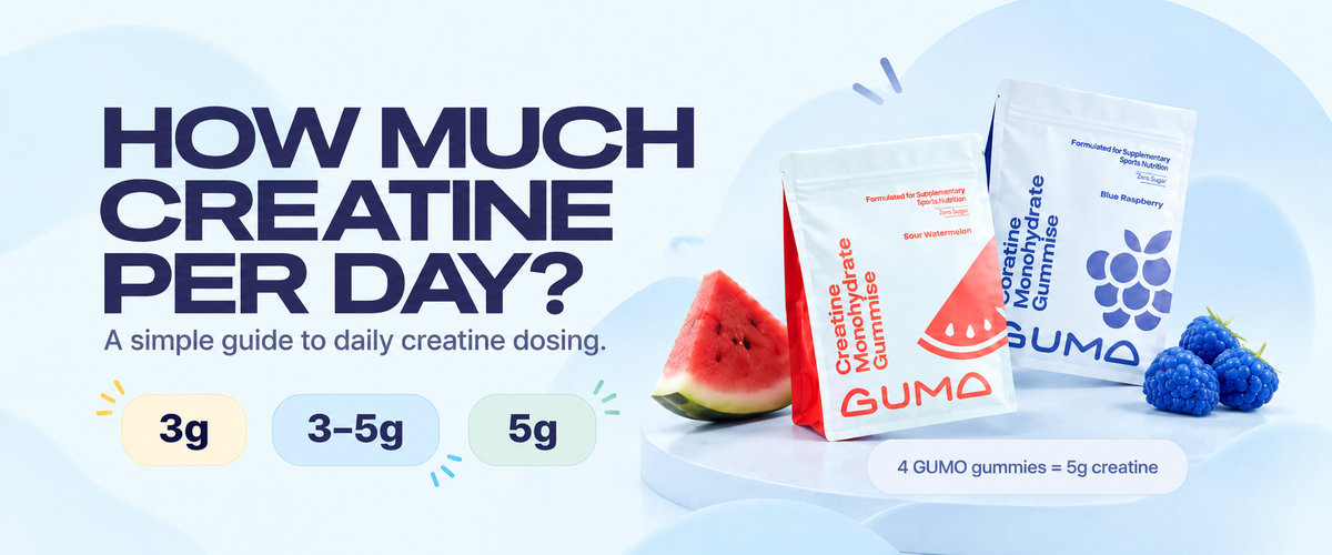 A 5g daily dose of creatine shown as a scoop of powder on a scale next to 4 creatine gummies