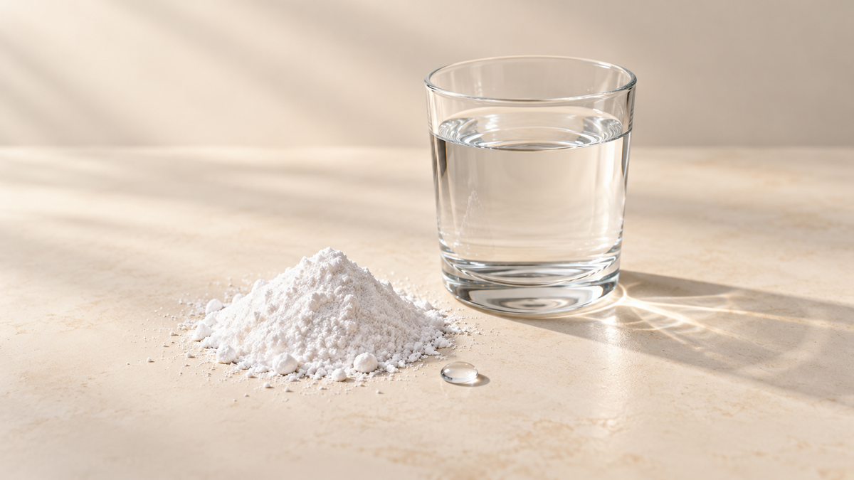 Creatine monohydrate powder next to a glass of water