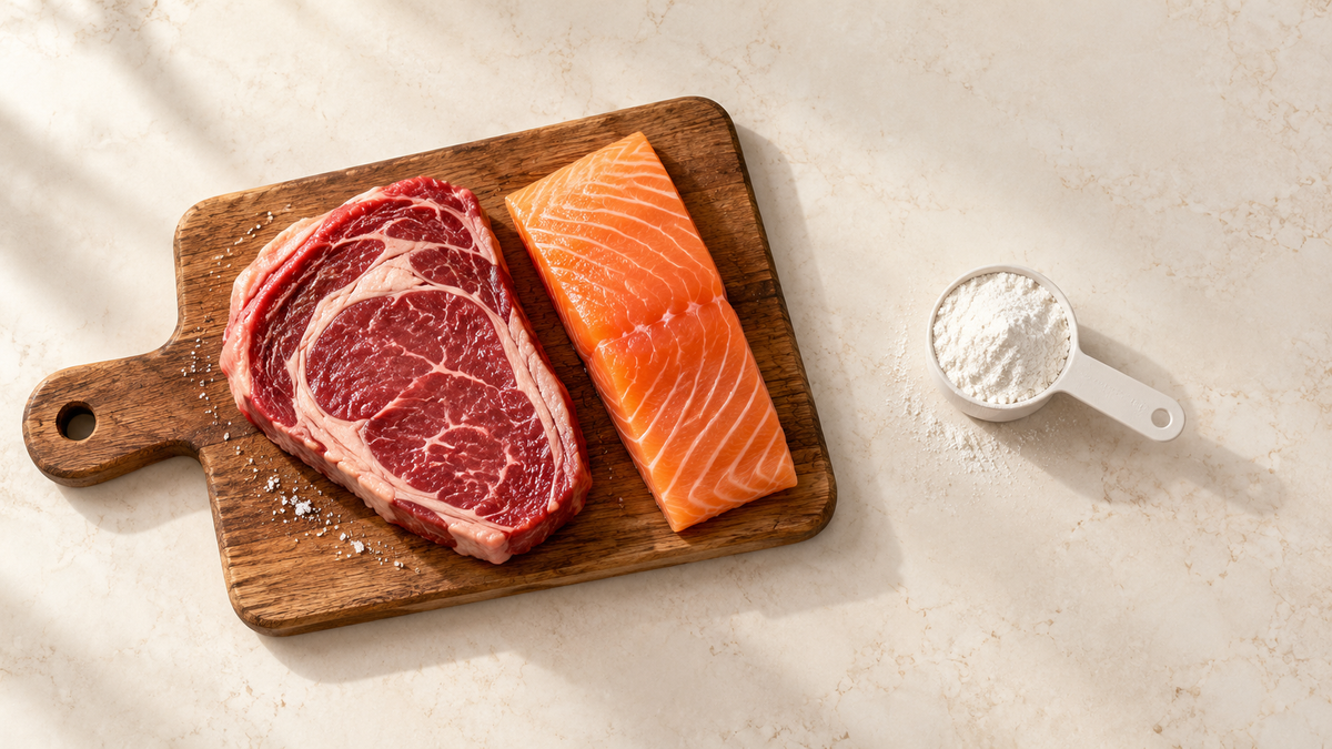 Raw steak and salmon next to a scoop of creatine powder