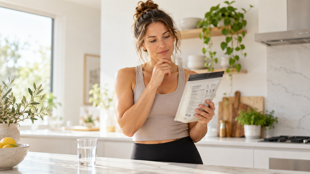Woman reading a supplement label in her kitchen