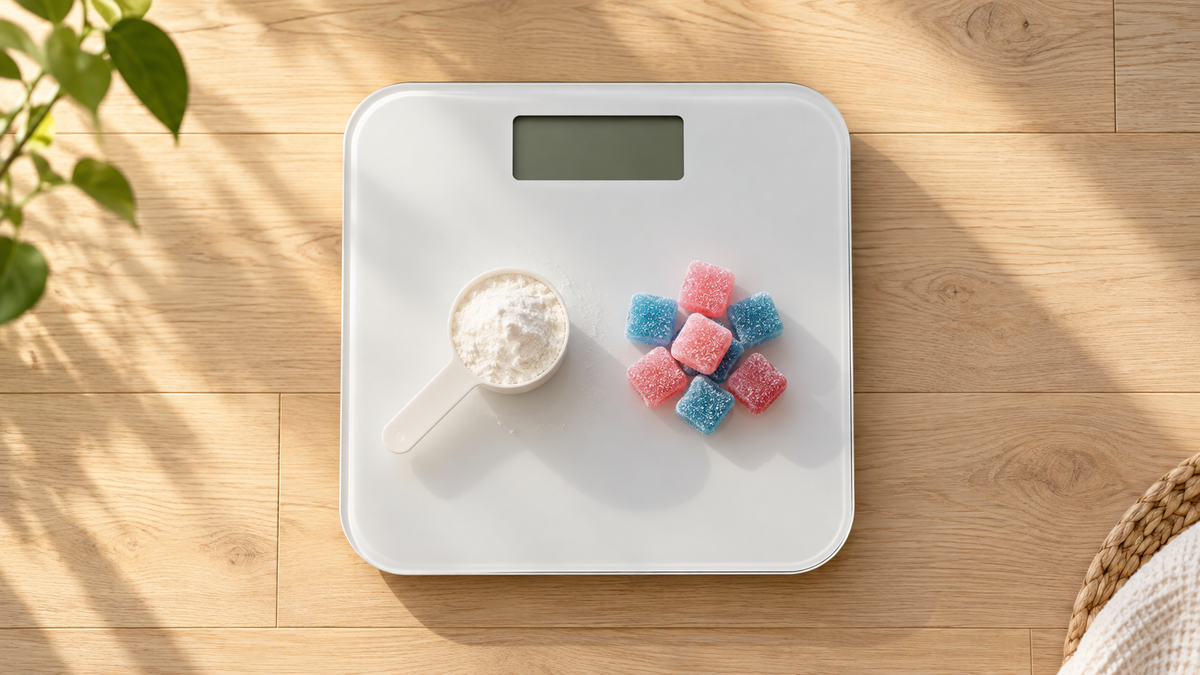 Creatine powder and gummies sitting on a bathroom scale