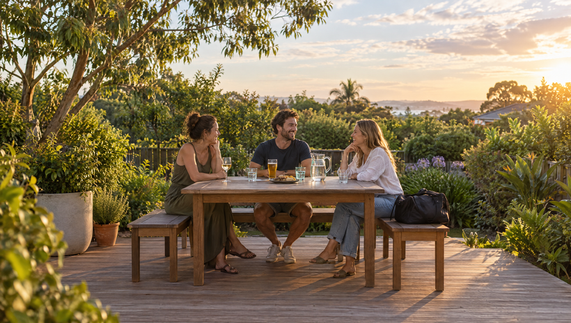 Friends having drinks and water around a backyard table
