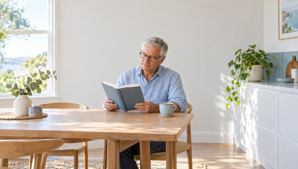 Older man reading a book at a sunny kitchen table