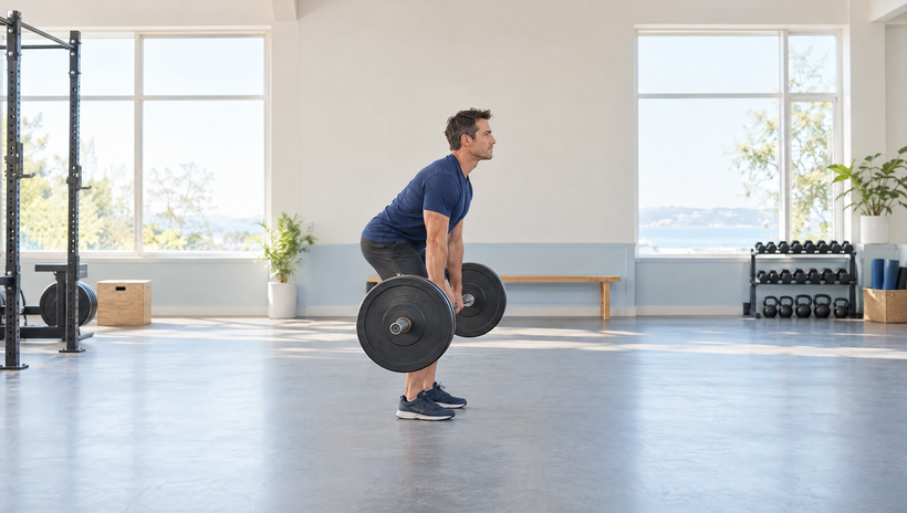 Man doing a barbell deadlift in a bright gym