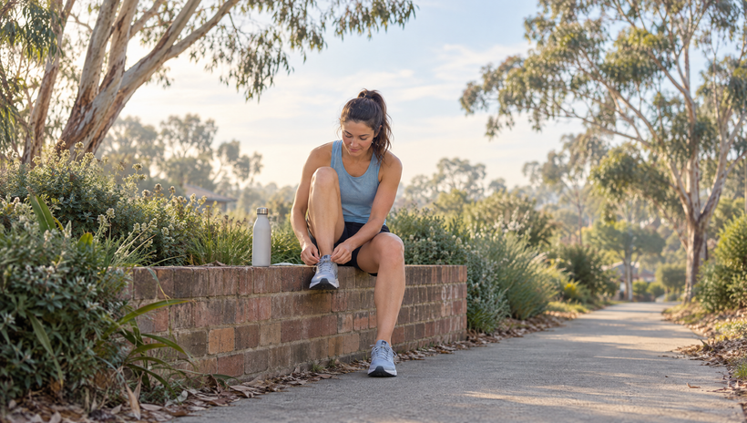 Woman retying her running shoe on a garden wall before a morning run