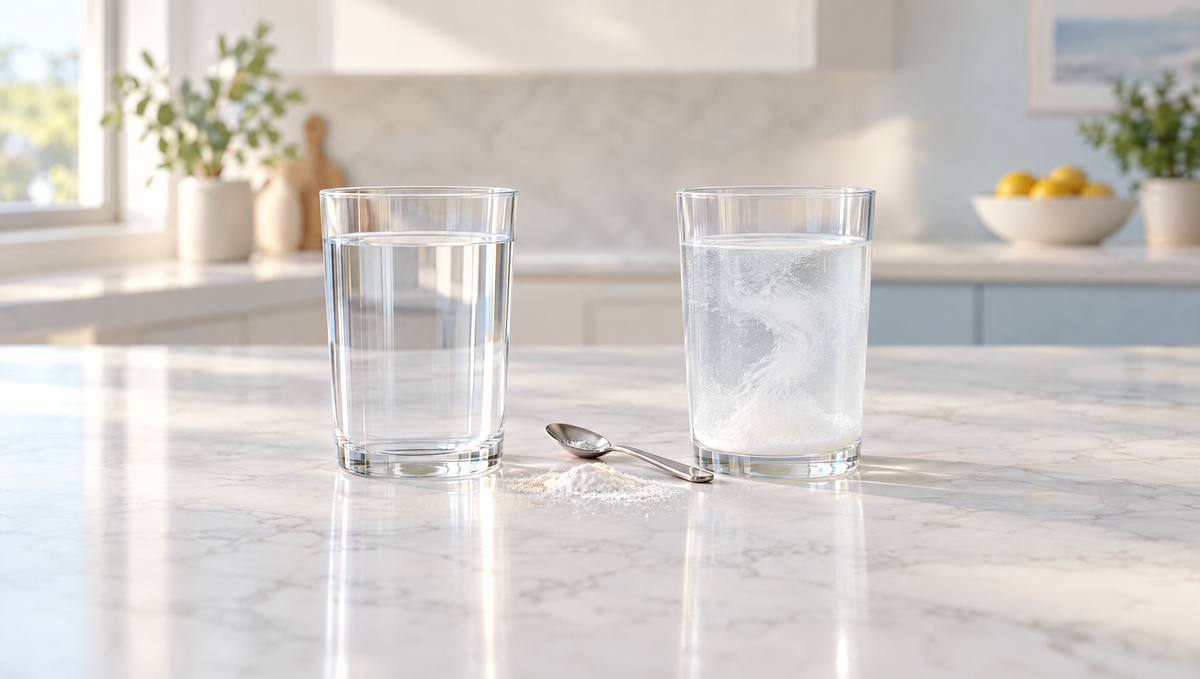 Two glasses of water on a kitchen bench, one with creatine fully dissolved