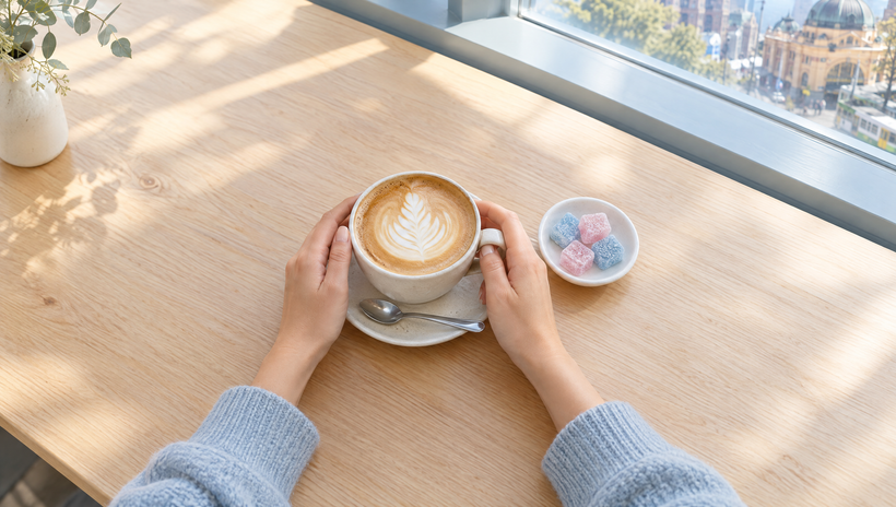 Flat white coffee with a small dish of gummies on a cafe bench