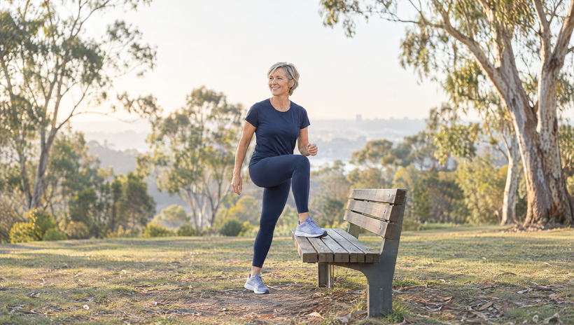 Woman in her 50s doing step-ups on a park bench for strength