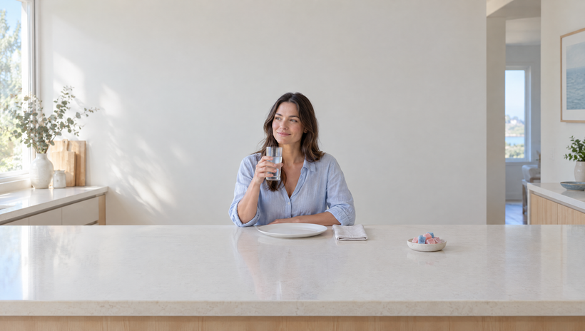 Woman drinking water at a kitchen bench while fasting, creatine gummies set aside