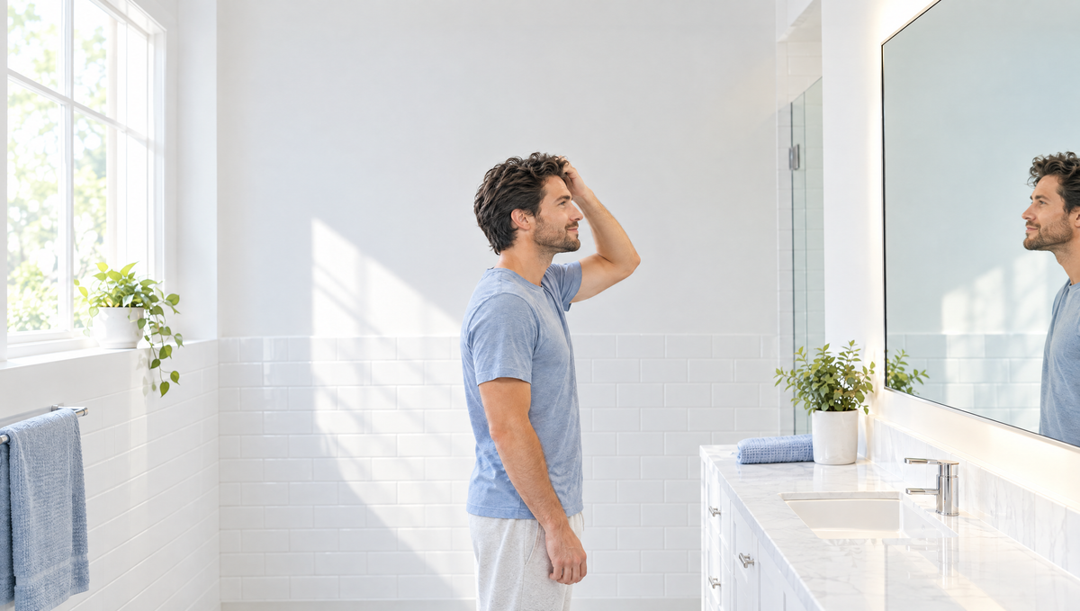 Man running his hand through his full head of hair in a bathroom mirror
