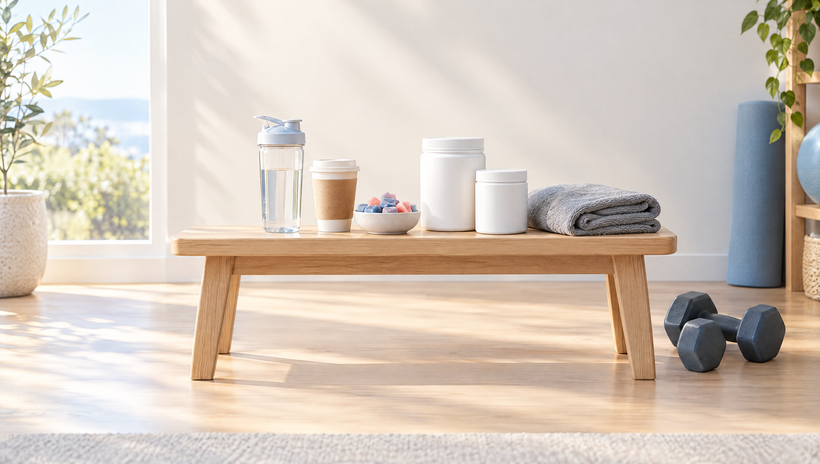 Shaker bottle, coffee, gummies and supplement tubs on a home gym bench